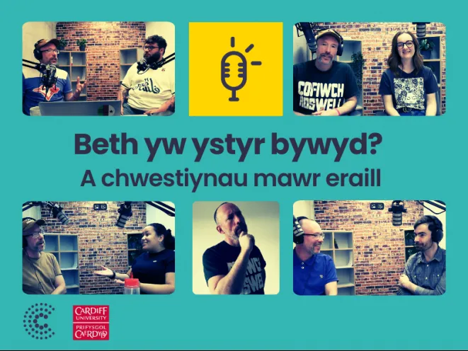 Graffeg 'Beth yw ystyr bywyd a chwestiynau mawr eraill' yn dangos lluniau o rai o'r cyfranwyr.